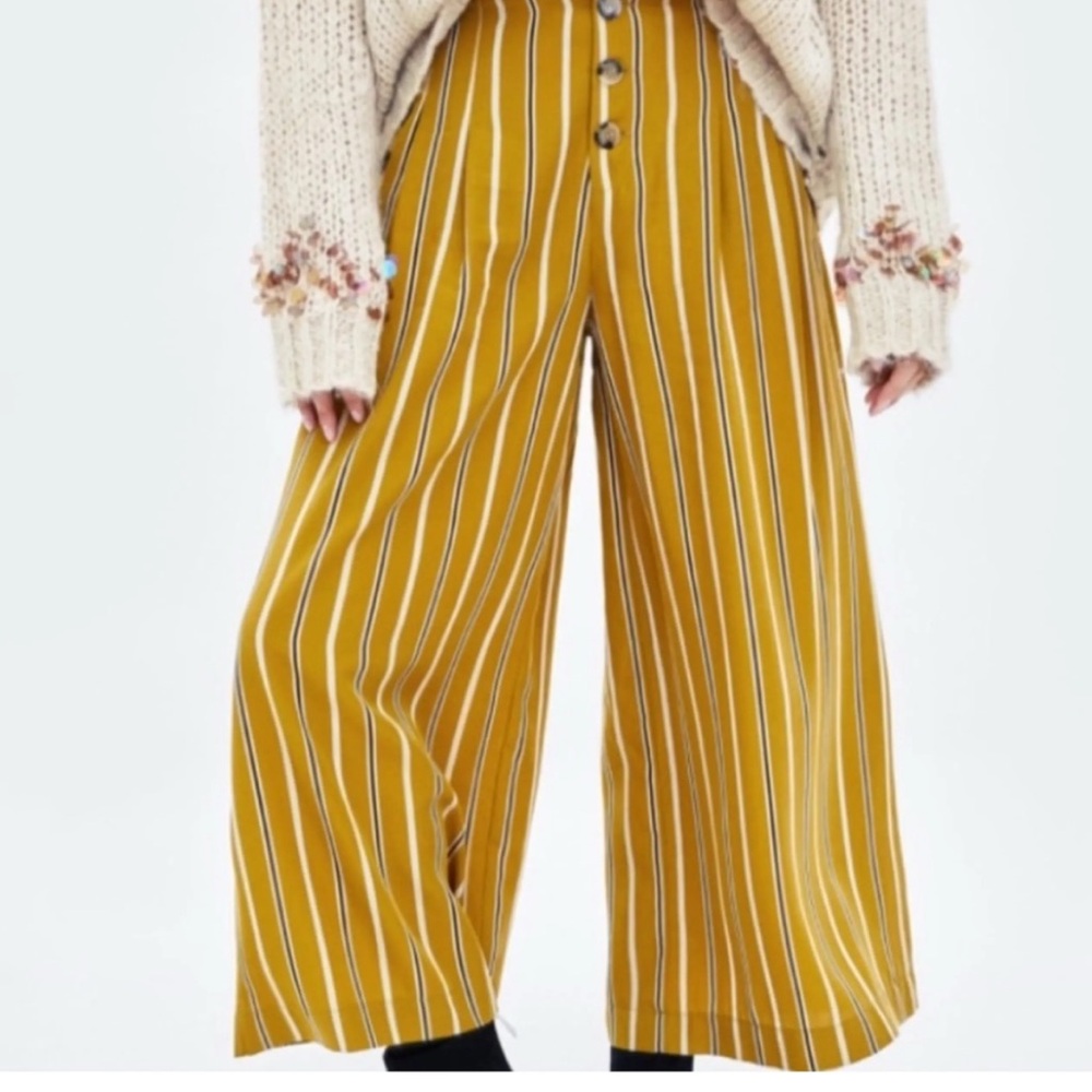Zara Mustard Yellow Striped Wide-Leg Pants